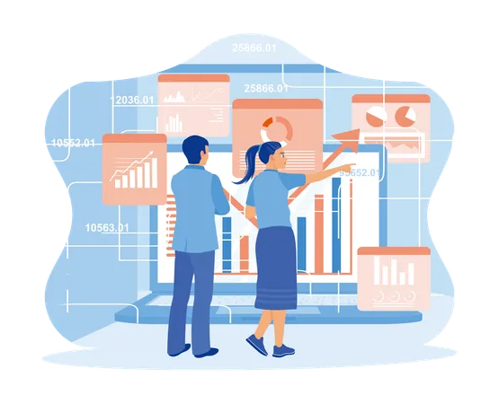 Young woman and man working on business analytic  Illustration