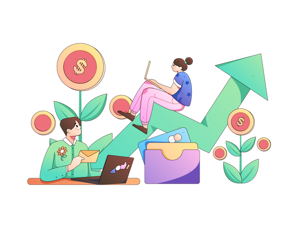 Young woman and man working on financial growth  Illustration