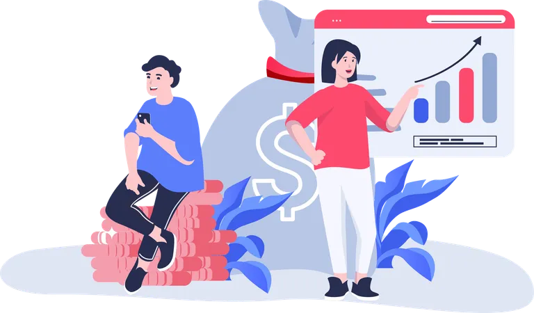 Young woman and man working on financial growth analysis  Illustration