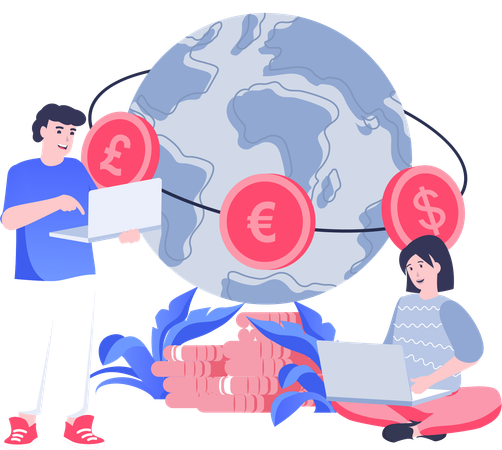 Young woman and man working on global economy  Illustration