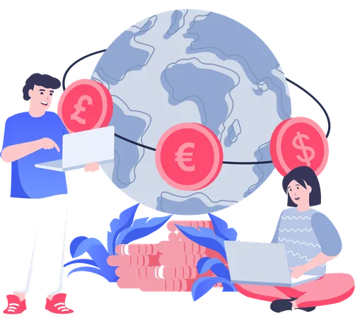 Young woman and man working on global economy  Illustration