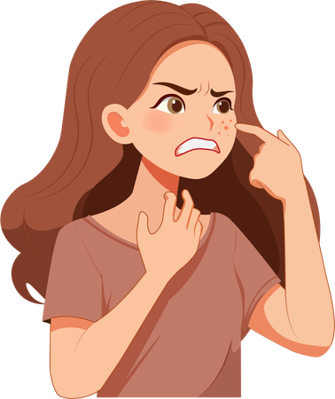 Young woman angry at pimples on her face  Illustration