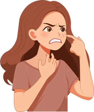 Young woman angry at pimples on her face  Illustration