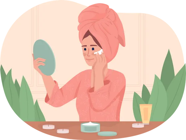 Young Woman Applying Facial Cream 2 D Vector Isolated Illustration Lady At Home Spa Flat Character On Cartoon Background Self Care Colourful Editable Scene For Mobile Website Presentation 일러스트레이션