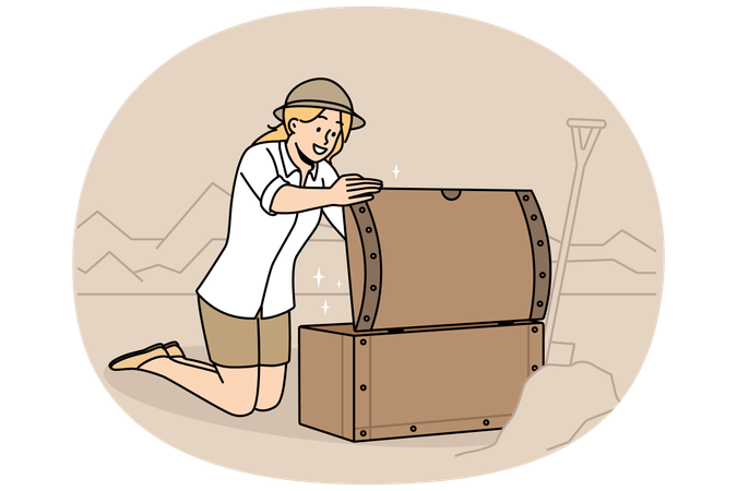 Young woman archaeologist open chest with treasures on archeological site  Illustration
