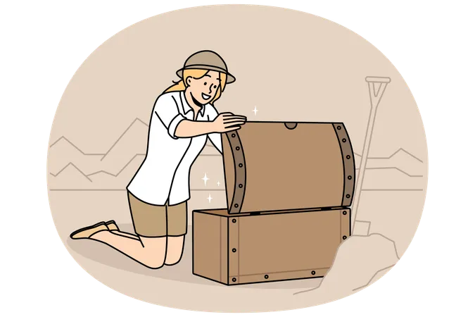 Young woman archaeologist open chest with treasures on archeological site  Illustration