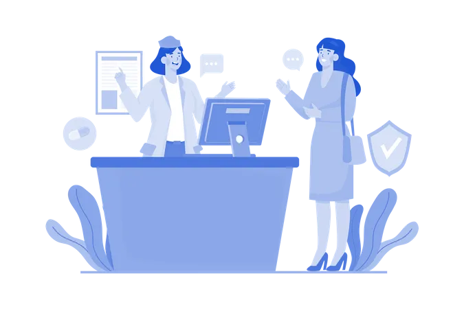 A Woman Checking In At The Clinic Reception Desk Illustration