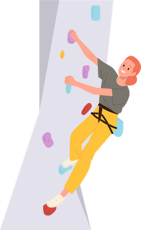 Young woman athlete climber gripping stones on indoor rock wall  Illustration