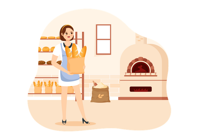 Young woman baker holding bread bag Illustration