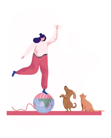 Young woman balancing on ball and training domestic animals cat and dog with bone Illustration