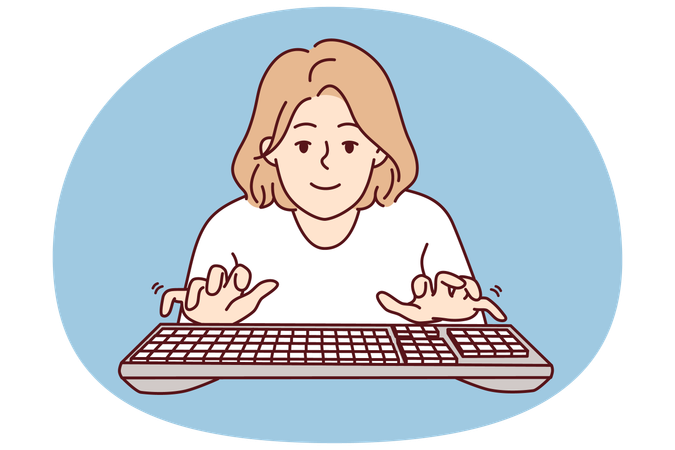 Young woman blogger typing keyboard looks at screen while typing e-mail message  Illustration