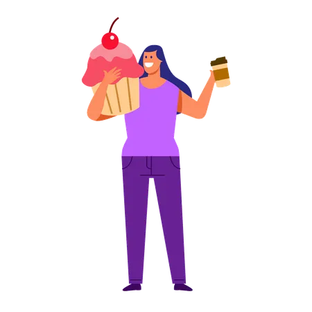 Young woman bring cupcake and coffee  Illustration