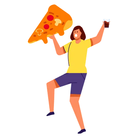 Young woman bring pizza and soft drink  Illustration