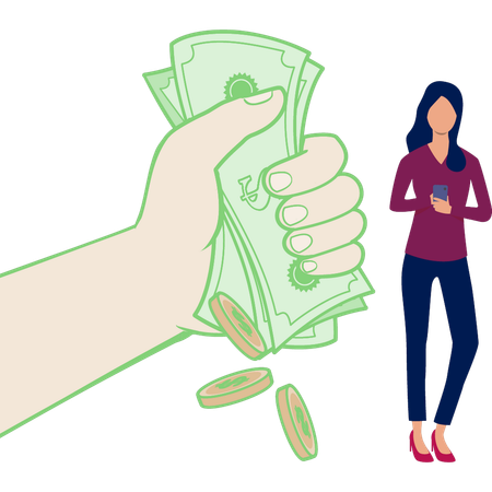 Young woman busy in mobile while money in hand  Illustration