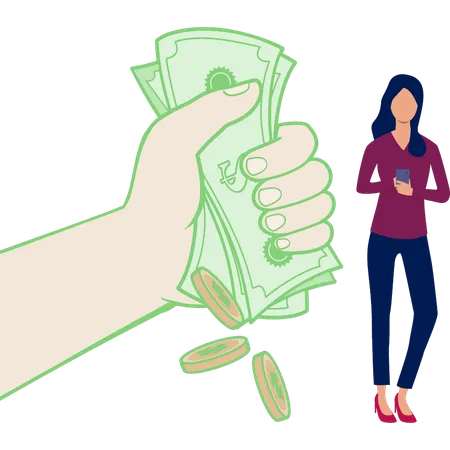 Young woman busy in mobile while money in hand  Illustration