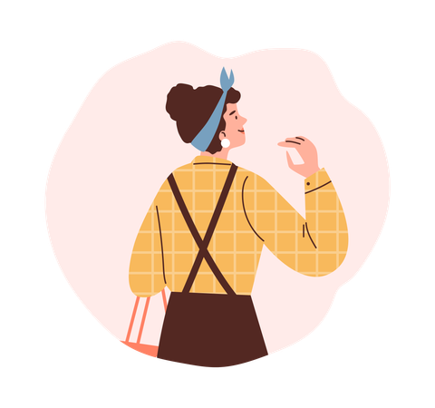 Young woman buyer with bag makes chooses purchase  Illustration
