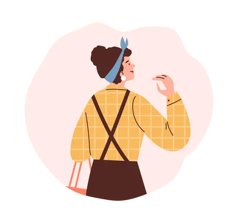 Young woman buyer with bag makes chooses purchase  Illustration