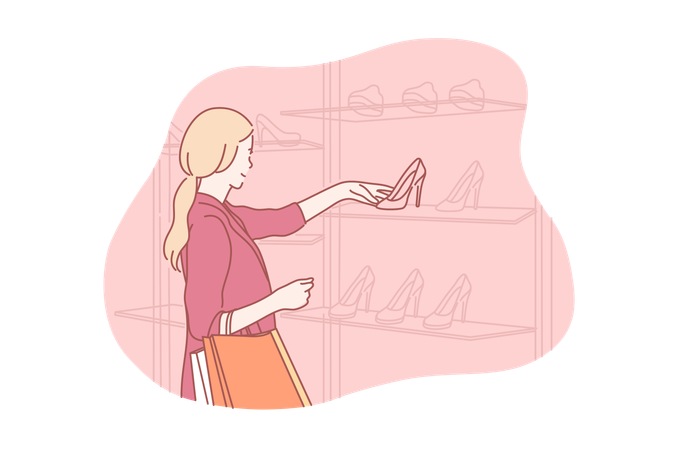 Young woman buying shoes in boutique  Illustration