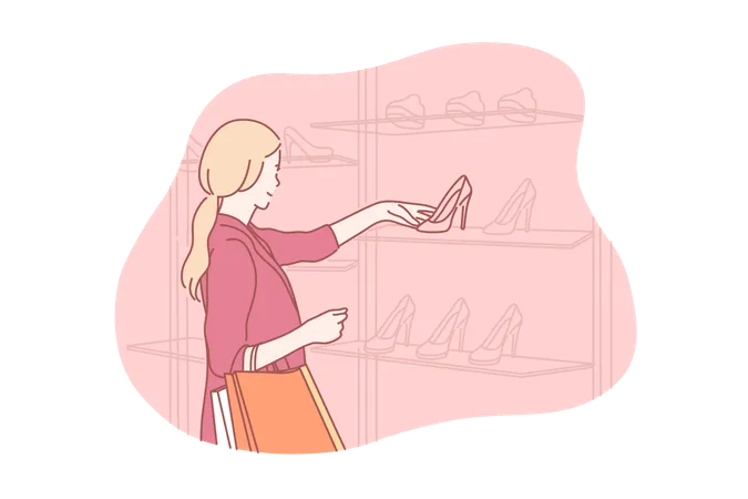 Shopping Buy Shoes Sale Concept Young Smiling Woman Consumer Is Buying Shoes In Boutique On Sale Happy Girl Goes Shopping And Takes Footwear From New Collection From Shelves Simple Flat Vector Illustration