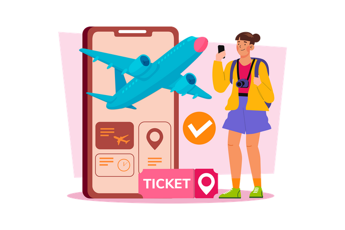 Young woman buys plane tickets online to save money  イラスト