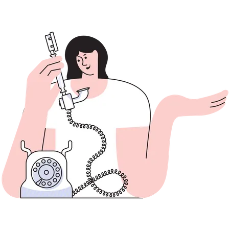 Young woman calling by retro telephone  Illustration