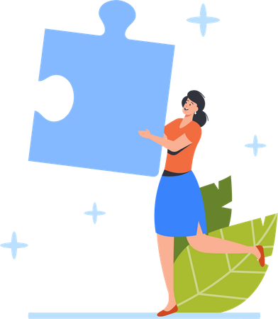 Young Woman Carry Huge Puzzle Piece in Hands Illustration