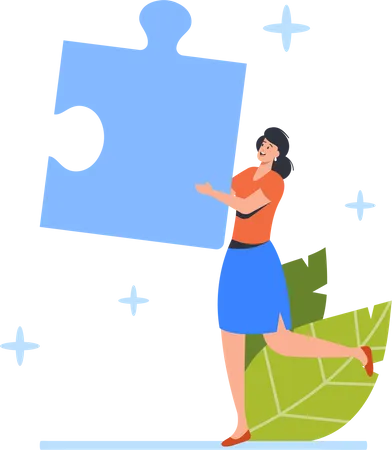 Young Woman Carry Huge Puzzle Piece In Hands Teamwork Cooperation Solution Creative Business Idea Concept Office Employee Businesswoman Solve Jigsaw Challenge Cartoon Vector Illustration Illustration