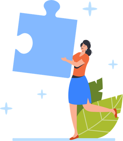 Young Woman Carry Huge Puzzle Piece in Hands  Illustration