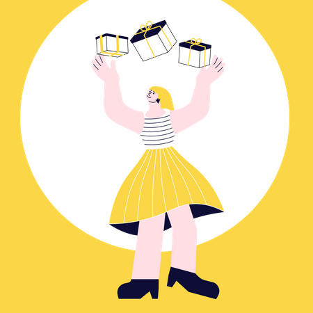 Young woman carrying a huge stack of gifts Illustration