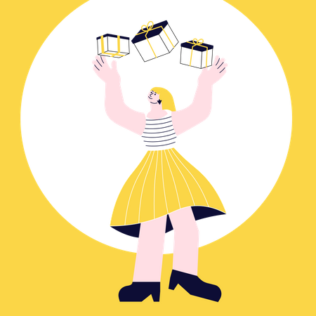 Young woman carrying a huge stack of gifts  Illustration