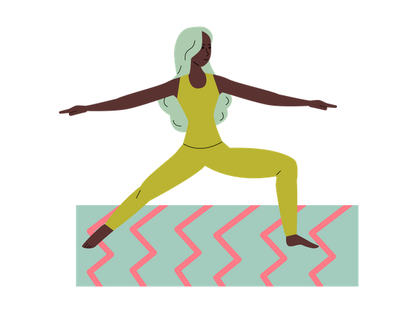 Young woman character practicing yoga on colorful mat Illustration