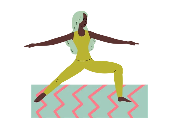 Young woman character practicing yoga on colorful mat Illustration