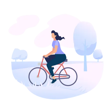 Young Woman Character Riding Bicycle in City Park Illustration