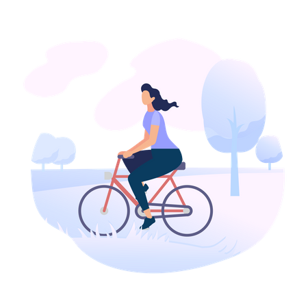 Young Woman Character Riding Bicycle in City Park  Illustration