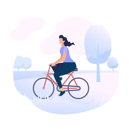 Young Woman Character Riding Bicycle in City Park  Illustration