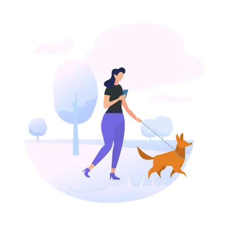 Young Woman Character Walking with Dog in Park Illustration