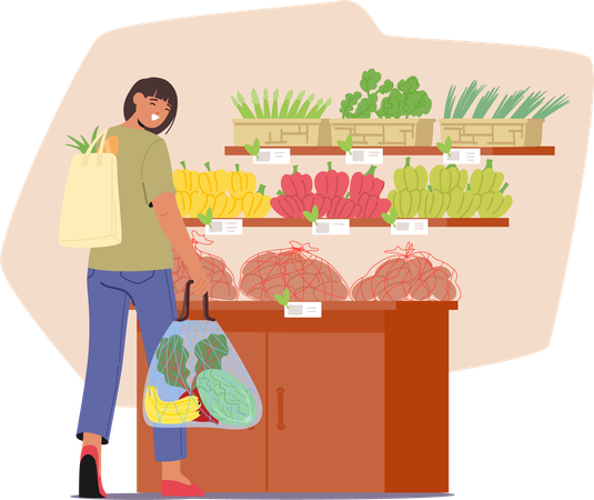 Young Woman Character With Eco Bag Carefully Selects Sustainable Products In Market Store  Illustration