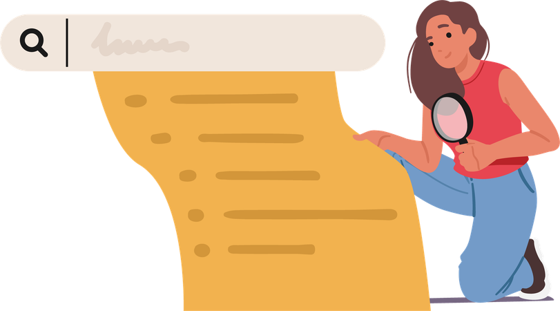 Young woman character with magnifying glass examining internet request enjoying data searching Illustration