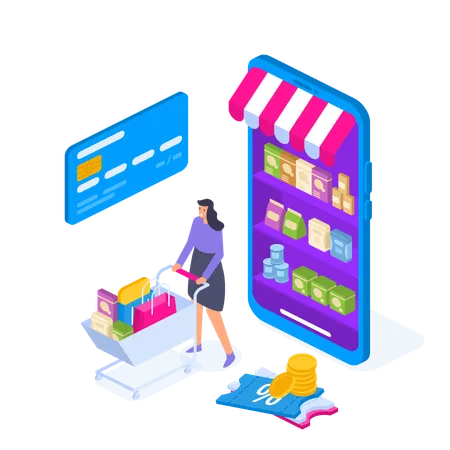 Young Woman Character With Shopping Cart Online Shopping Isometric Concept Big Sale Flat Vector Illustration Can Use For Web Banner Infographics Hero Images Illustration