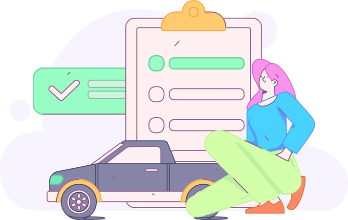 Young Woman Checking Vehicle Insurance Policy  Illustration