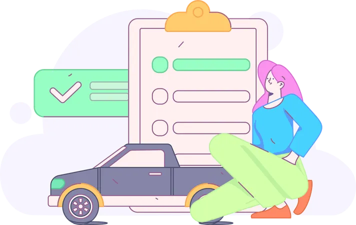 Young Woman Checking Vehicle Insurance Policy  Illustration