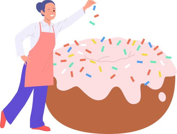 Young woman chef decorating donut  Illustration