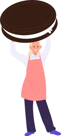 Young Cheerful Woman Pastry Chef Tiny Cartoon Character Holding Huge Crispy Chocolate Cookie Isolated On White Confectioner Presenting Sweet Food Preparation Master Class Vector Illustration Illustration