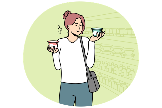 Young woman choose dairy product in supermarket  Illustration