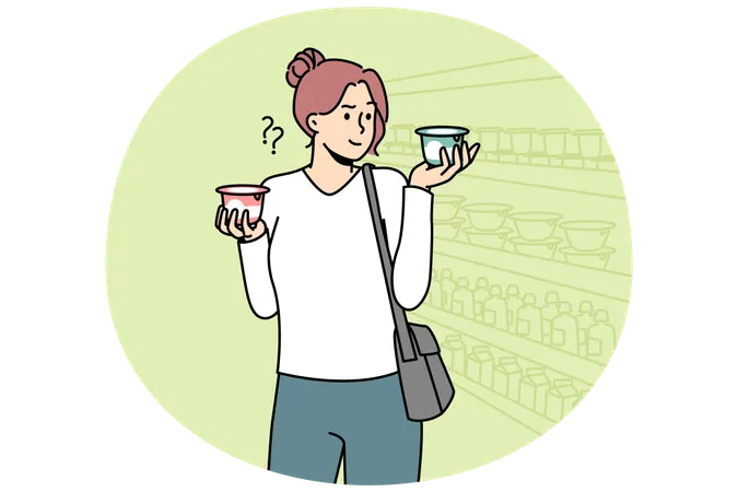 Young woman choose dairy product in supermarket  Illustration