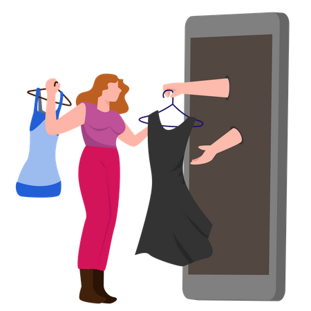 Young woman choosing a dress in a store from a smartphone  Illustration