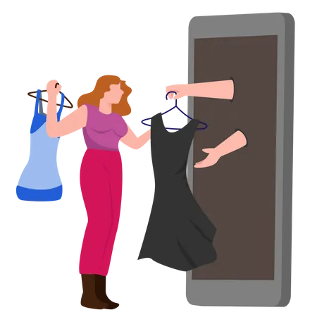 Young woman choosing a dress in a store from a smartphone  Illustration