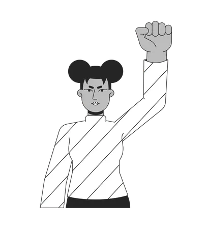 Young Woman Clenching Fist And Protest Flat Line Black White Vector Character Equal Right Editable Outline Half Body Person Simple Cartoon Isolated Spot Illustration For Web Graphic Design イラスト