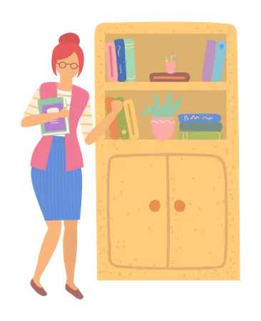 Young woman collect book from book shelf  イラスト