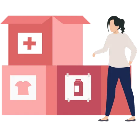 Young woman collected donation boxes  Illustration